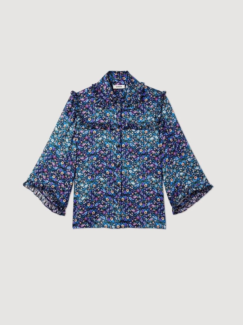 Sandro Navy Floral Ruffle-Sleeve Blouse